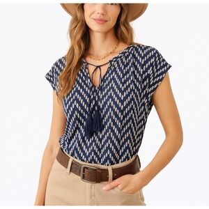 st johns bay womens Size M blouse navy white Chevron Tassel short sleeve Boho